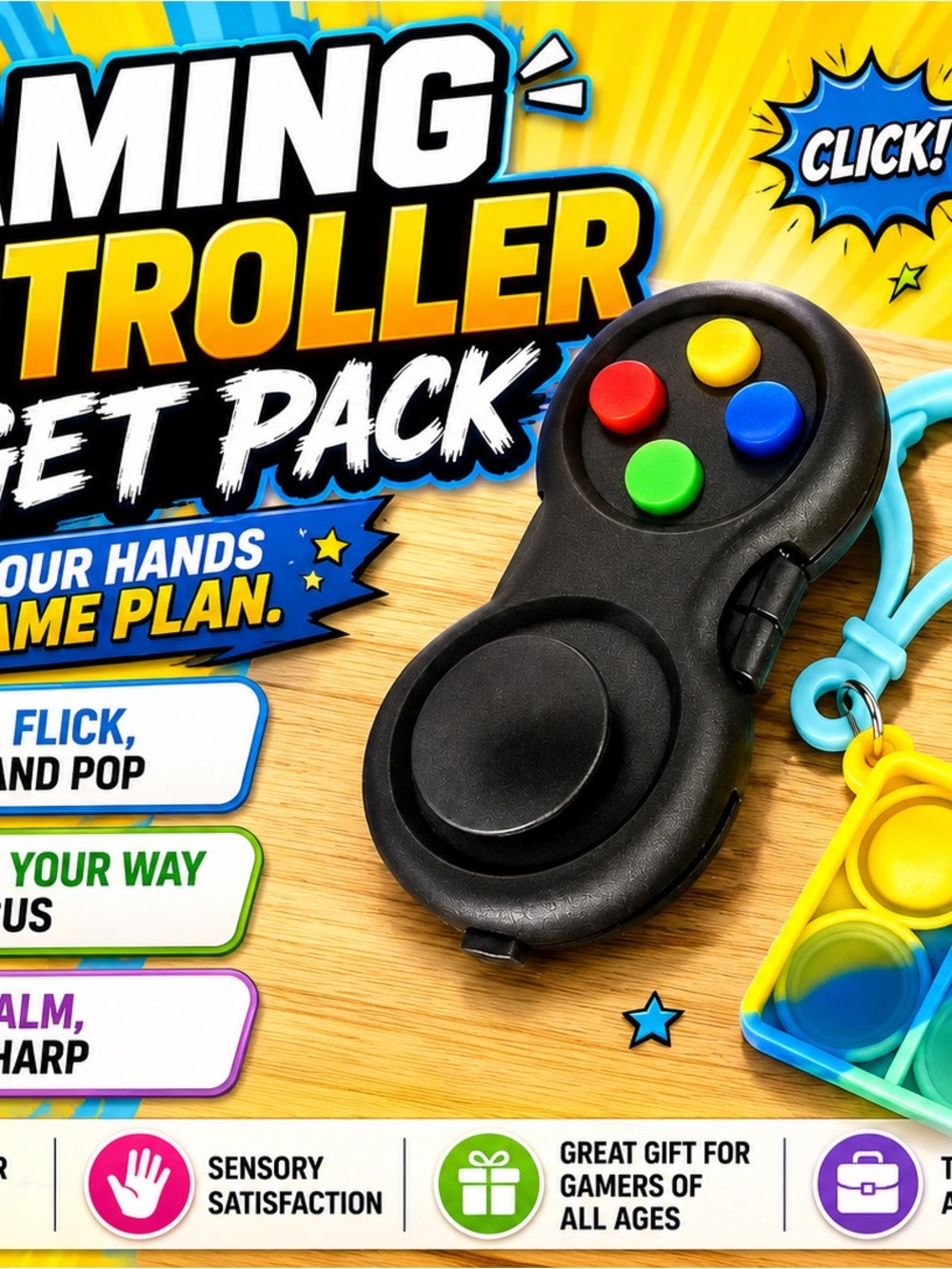 Gaming Controller Fidget Keychain; Click, Flick, Spin & Push